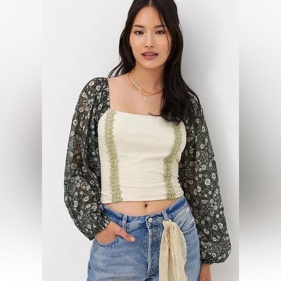 Anthropologie Smocked Balloon Sleeve Top Moss Green Size XL - Picture 1 of 7